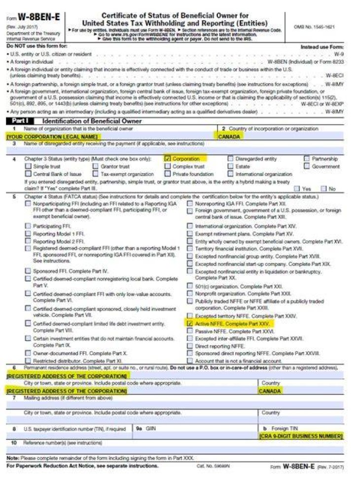 How do I fill out a W-8BEN-E in Canada?