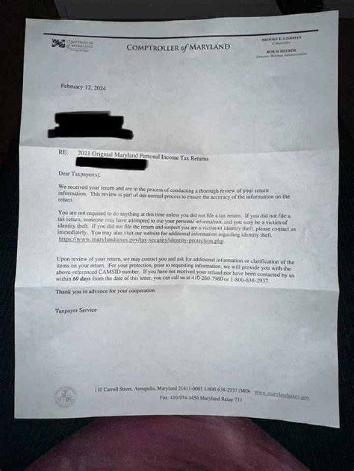 Why did I get a letter from the Comptroller of Maryland?